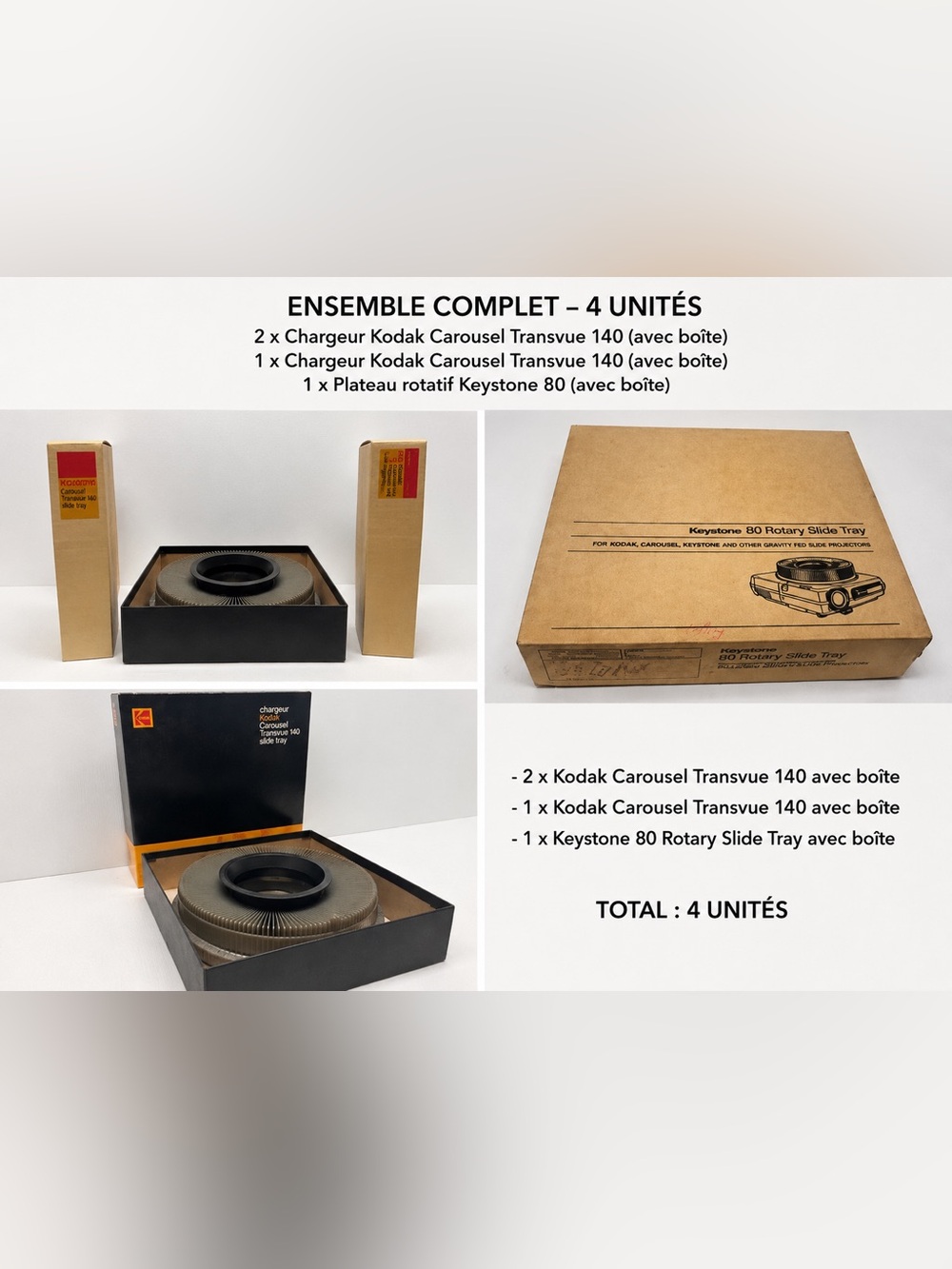 Lot of 4 Kodak Carousel Transvue 140 & Keystone 80 Rotary Slide Trays w/ boxes